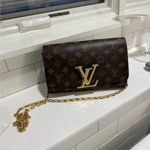 LV Brown Monogram Clutch with Gold Chain